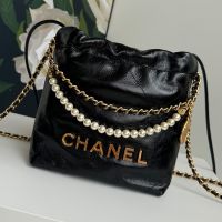 Chanel AS3980 22 Mini Handbag with Pearls Chain in Shiny Crinkled Calfskin Black
