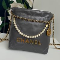 Chanel AS3980 22 Mini Handbag with Pearls Chain in Shiny Calfskin Grey