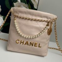 Chanel AS3980 22 Mini Handbag with Pearls Chain in Shiny Calfskin Khaki