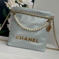 Chanel AS3980 22 Mini Handbag with Pearls Chain in Shiny Calfskin Light Grey