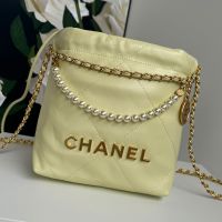 Chanel AS3980 22 Mini Handbag with Pearls Chain in Shiny Calfskin Light Yellow