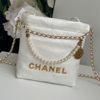 Chanel AS3980 22 Mini Handbag with Pearls Chain in Shiny Calfskin White