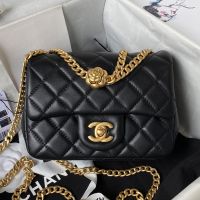 Chanel AS4040 Mini Flap Bag with Camellia Chain Strap in Lambskin Black