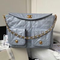 Chanel AS4668 Hobo Bag with Two Pockets in Calfskin Grey