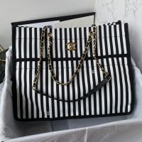 Chanel AS4693 Coco Beach Shopping Bag in Stripes Printed Fabric White