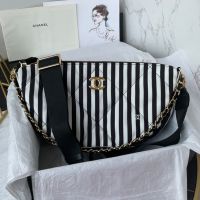 Chanel AS4698 Coco Beach Large Hobo Bag in Stripes Printed Fabric White