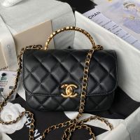 Chanel AS4808 Mini Flap Bag with Letter Logo Top Handle in Lambskin Black