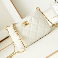 Chanel AS4859 Mini Hobo Bag with Pearl Ball in Lambskin White