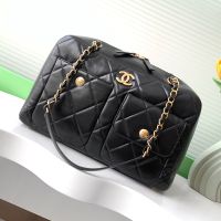 Chanel AS4933 Large Bowling Bag with Two Pockets in Calfskin Black