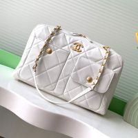 Chanel AS4933 Large Bowling Bag with Two Pockets in Calfskin White