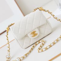 Chanel AS4946 Mini Flap Bag with Pearl Chain in Lambskin White