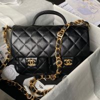 Chanel AS4993 Flap Bag with Top Handle in Shiny Lambskin Black