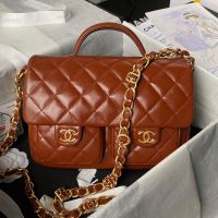 Chanel AS4993 Flap Bag with Top Handle in Shiny Lambskin Brown