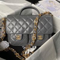 Chanel AS4993 Flap Bag with Top Handle in Shiny Lambskin Grey