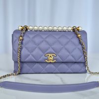 Chanel AS5002 Medium Flap Bag with Pearls Handle in Lambskin Purple