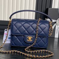 Chanel AS5165 Mini Flap Bag with Top Handle in Grained Calfskin Navy Blue