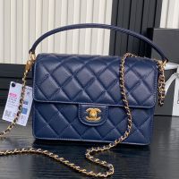 Chanel AS5166 Small Flap Bag with Top Handle in Grained Calfskin Navy Blue