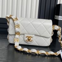 Chanel AS5174 Small Flap Bag With CC Leather Strap in Lambskin White