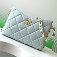 Chanel AS5177 Hobo Bag with CC Leather Strap in Lambskin Grey