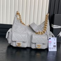 Chanel AS5339 Large Hoho Bag with Four Pockets in Shiny Lambskin Grey