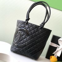 Chanel Mini Cambon Tote Bag with Maxi Logo in Calfskin and Patent Leather Black