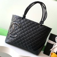 Chanel Cambon Tote Bag with Maxi Logo in Calfskin and Patent Leather Black