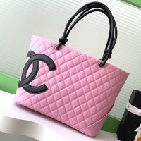 Chanel Cambon Tote Bag with Maxi Logo in Calfskin Pink