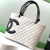 Chanel Cambon Tote Bag with Maxi Logo in Calfskin White