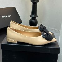 Chanel Ballet Flats with Bow and Camellia Women in Lambskin Brown