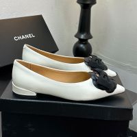 Chanel Ballet Flats with Bow and Camellia Women in Lambskin White