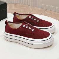 Chanel Biscuit Platform Slip-On Sneakers with Logo Print Women Canvas Burgundy