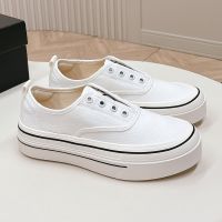 Chanel Biscuit Platform Slip-On Sneakers with Logo Print Women Canvas White