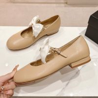 Chanel Bow Mary Janes with Pearl Buckle Women Calfskin Khaki