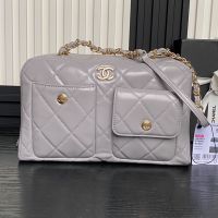 Chanel Bowling Bag with Two Pockets in Shiny Calfskin Grey