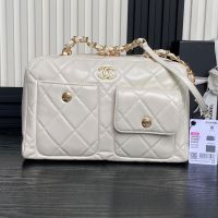 Chanel Bowling Bag with Two Pockets in Shiny Calfskin White