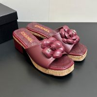 Chanel Camellia Platform Slides with CC Logo Women in Lambskin Burgundy