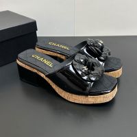 Chanel Camellia Platform Slides with CC Logo Women in Patent Leather Black