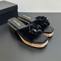 Chanel Camellia Platform Slides with CC Logo Women in Velvet Black