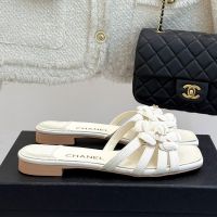 Chanel Camellia Slides with CC Logo Women in Grosgrain White