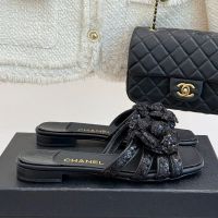 Chanel Camellia Slides with CC Logo Women in Sequins Black