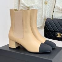 Chanel Chelsea Ankle Boots Women in Calfskin and Grosgrain Apricot