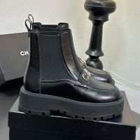 Chanel Chelsea Platform Ankle Boots with Metal Letter Women in Calfskin Black