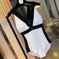 Chanel Color Block Swimsuit with Crystal Logo Women Cotton White/Black