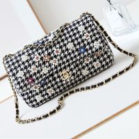 Chanel AS1112 Small Classic Handbag in Houndstooth Embroidered Tweed with Pearls and Strass Black