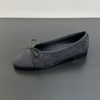Chanel G02819 Bow Ballet Flats with Camellia Embroidered Women Fabric Black