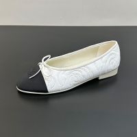 Chanel G02819 Bow Ballet Flats with Camellia Embroidered Women Fabric White