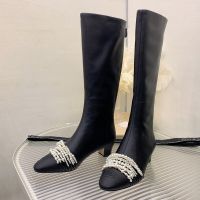 Chanel G32731 High Boots with Pearl Chain Women in Calfskin Black