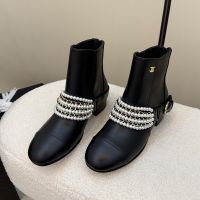 Chanel G33931 Ankle Boots with Pearl Chain Women in Calfskin Black