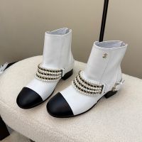 Chanel G33931 Ankle Boots with Pearl Chain Women in Calfskin White