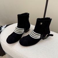 Chanel G33931 Ankle Boots with Pearl Chain Women in Suede Black